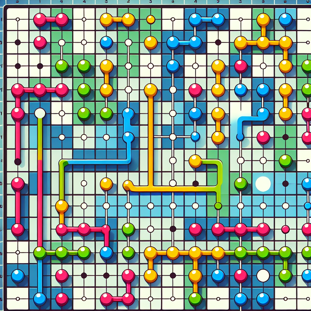An engaging visual of the Flow Free game grid, demonstrating its colorful pipe connecting mechanics and puzzle challenges.